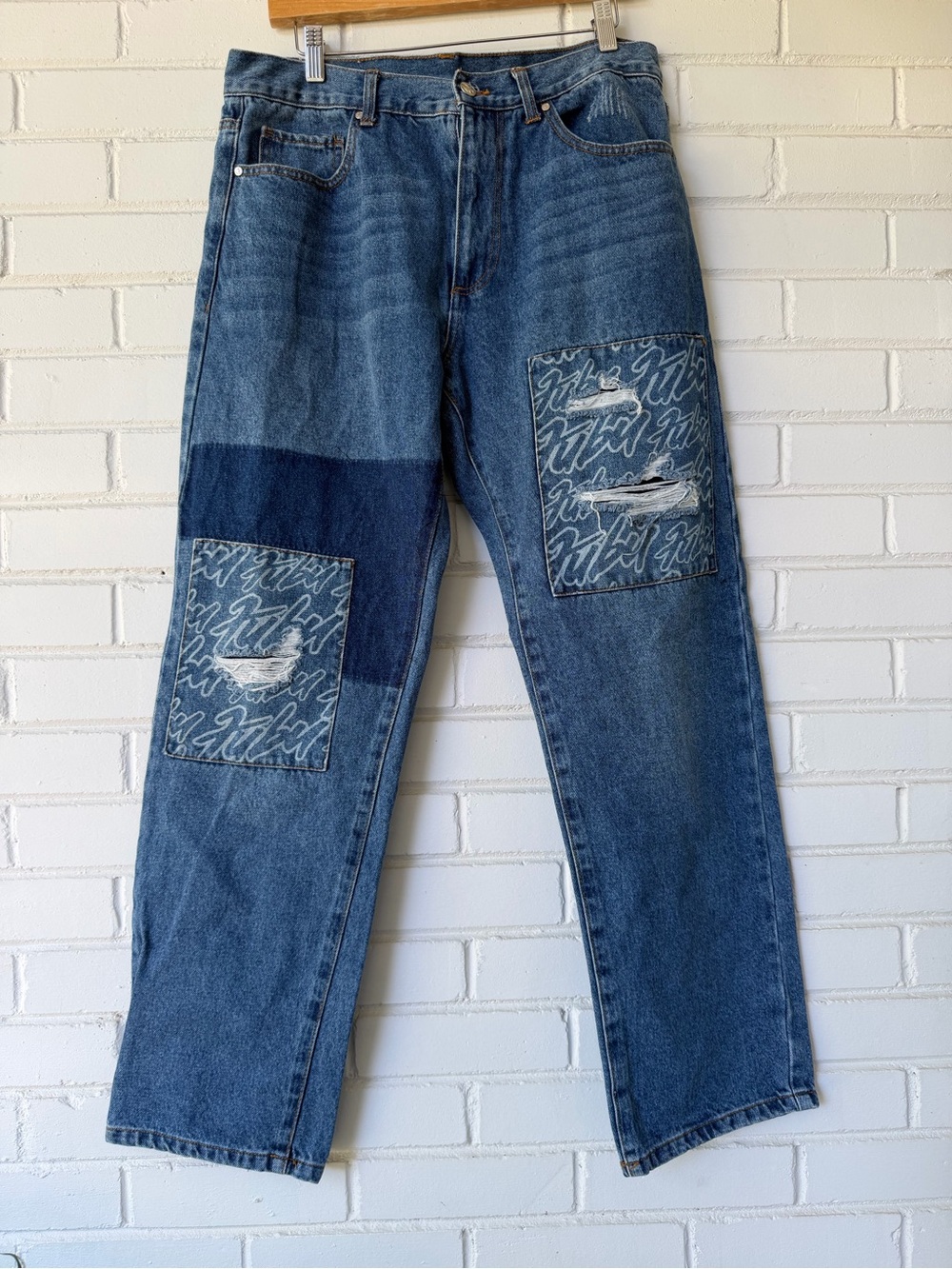 FUBU x Forever 21 Patchwork Distressed Baggy Jeans Men's Size 33 Y2K Streetwear